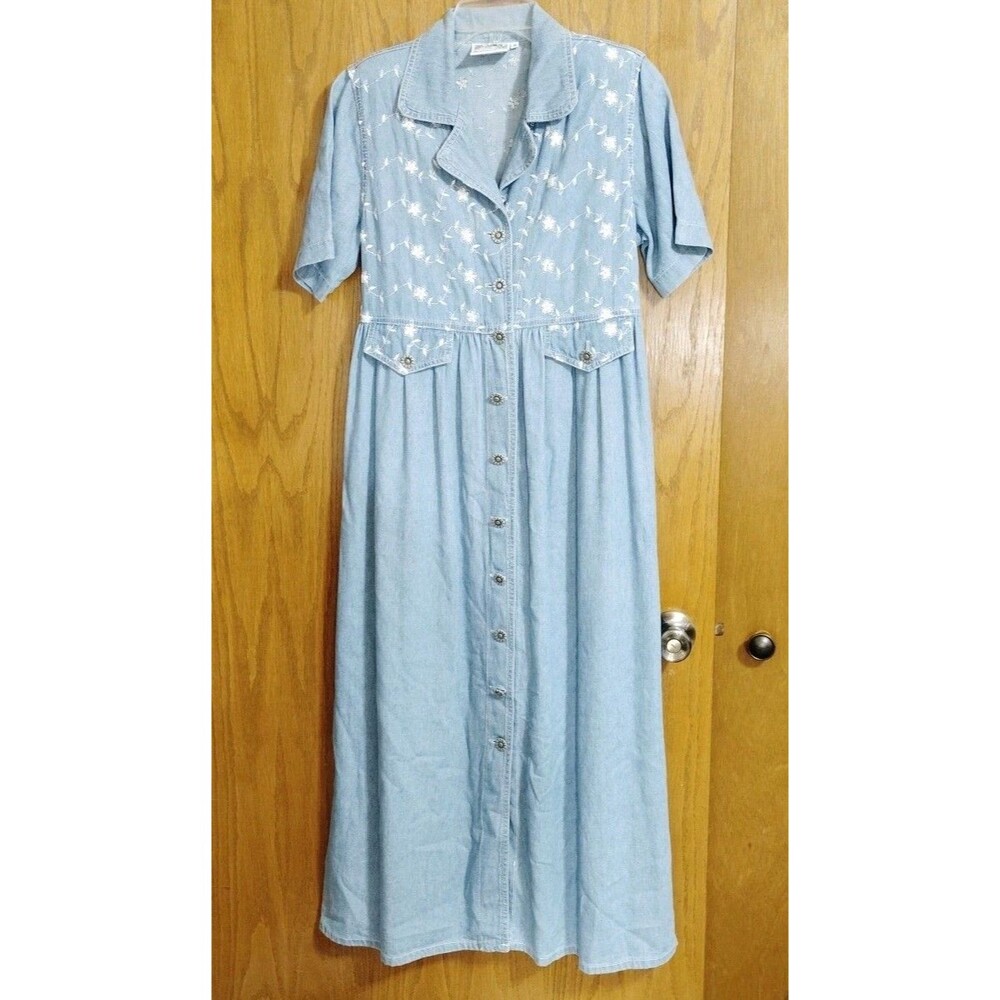 Vintage Monique Fashions Denim Dress Sz 6 Embroidery Blue Floral Prairie Cottage